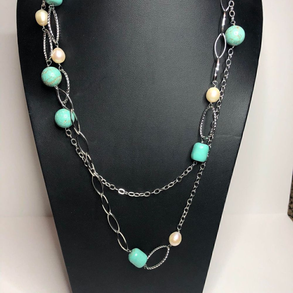 705 silvertone Pearl turquoise long station necklace 44"